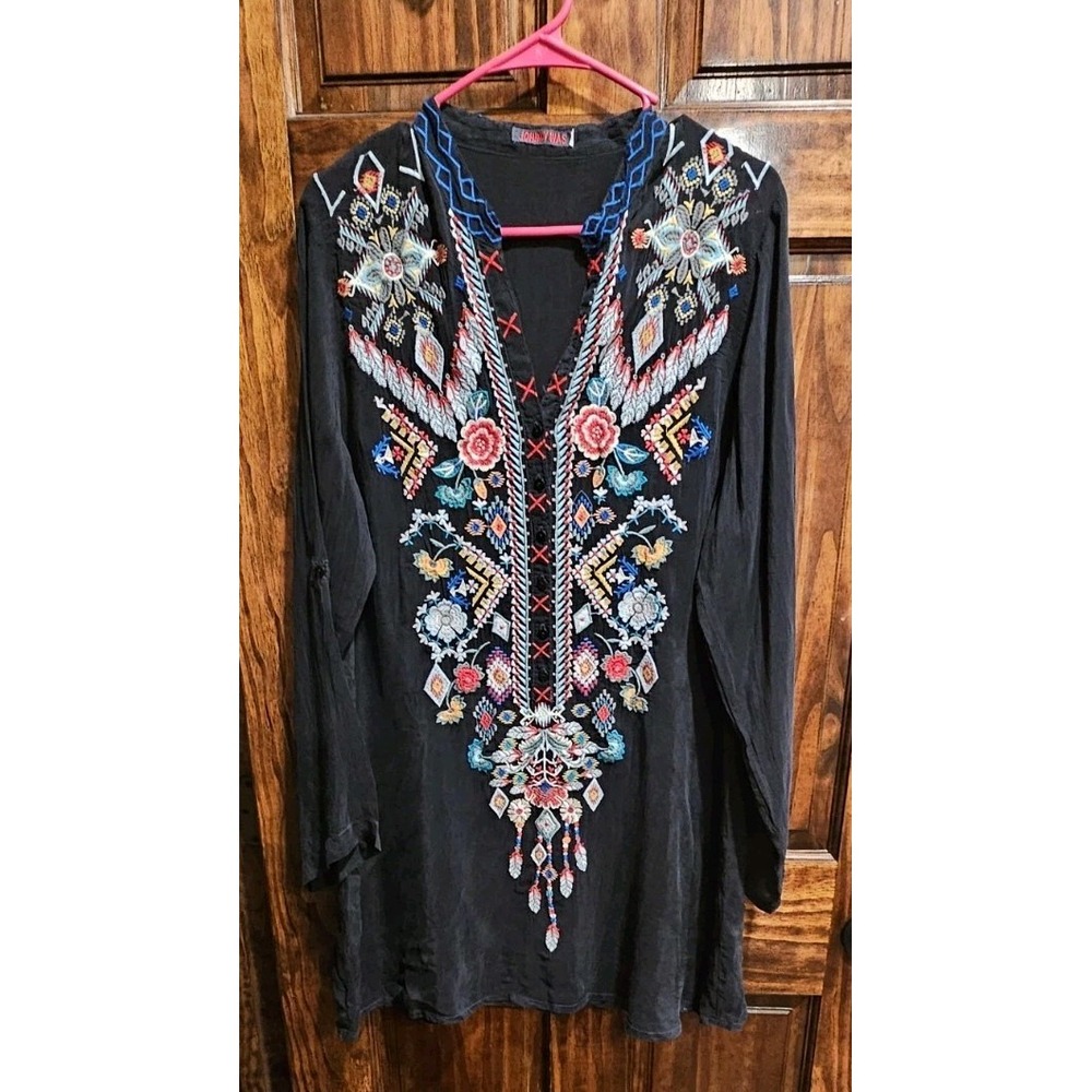 Johnny Was Black Boho Tunic Dress Thick Embroidery Floral Aztec Large